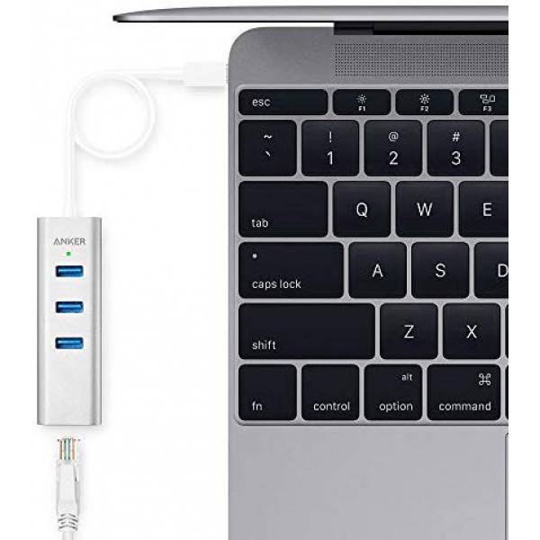 [해외] 앤커 3포트 휴대용 데이터 허브 Anker 3-Port USB-C to USB 3.0 Aluminum Portable Data Hub, with 10 Mpbs, 100 Mbps, 1000 Mbps, or 1 Gigabit Network Adapter with Ethernet Port, for MacBook Pro 2016, ChromeBook, XPS and More