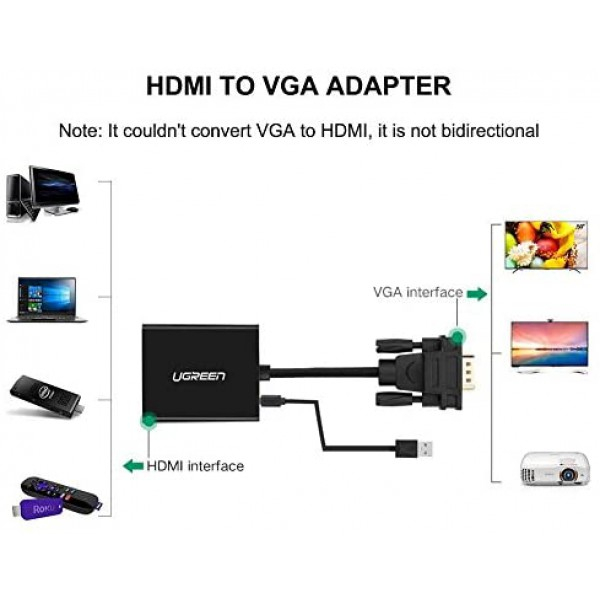 [해외] 유그린(UGREEN) 영상/오디오 변환 어뎁터 Active HDMI to VGA Adapter with 3.5mm Audio Jack HDMI Female to VGA Male Converter for TV Stick, Raspberry Pi, Laptop, PC, Tablet, Digital Camera, Etc